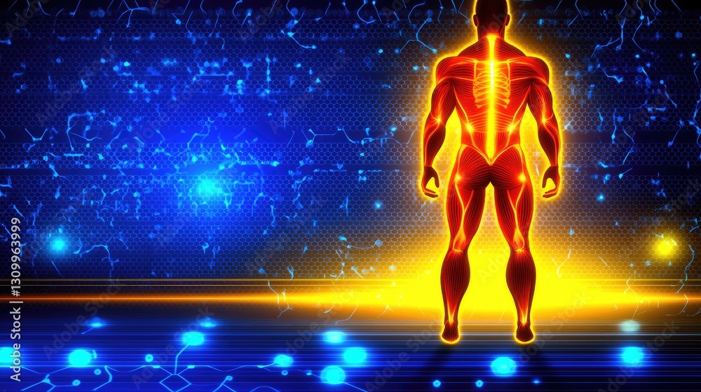 Sticker glowing humanoid form standing on a platform for data visualization or medical illustration