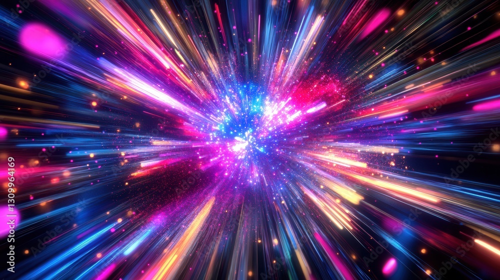 Poster Bright neon colors create a dynamic explosion of light in an abstract surprise background Generative AI