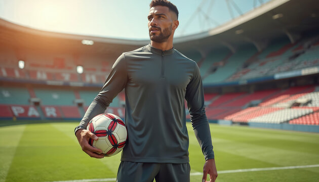 Pro soccer player with ball in stadium. Man in grey uniform poses at grass field with stadium background. Active lifestyle, fitness, workout theme. Soccer match, professional game concept, dream,
