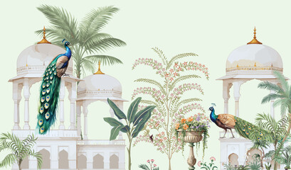 Mughal garden, arch, peacock, plant botanical landscape illustration. Trend mural wallpaper.