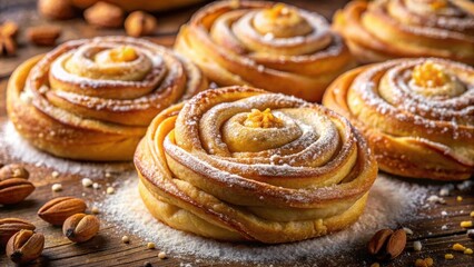 Fototapeta premium Sweet and Doughy Delights Freshly Baked Rolls Coated in Powdered Sugar with a Center of Sweet Filling, Set on a Rustic Wooden Surface
