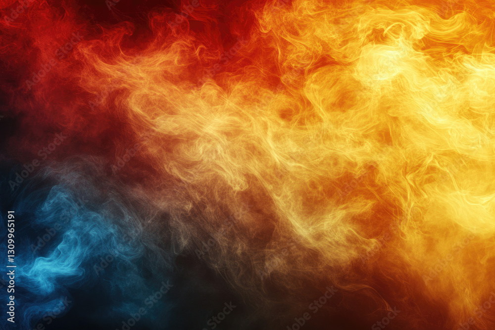 Poster abstract image of swirling blue and orange smoke, creating a fiery and ethereal atmosphere.