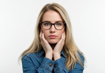 Fototapeta premium Studio portrait of a young woman with long blonde hair and black-rimmed glasses in a contemplative pose against a white background