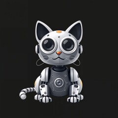 A robotic cartoon cat with a futuristic design, featuring mechanical joints, segmented panels, round eyes and a metallic striped tail, combining high-tech aesthetics with the cute appearance of a pet.
