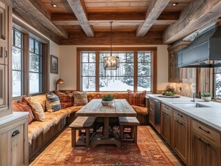 Rustic kitchen with table surrounded by a cozy window seat