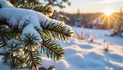 Frosted pine needles glistening in sunlight on snowy hillside, winter beauty