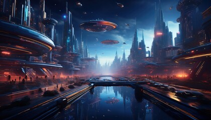 A vibrant city with towering structures and floating ships illuminated by neon lights.