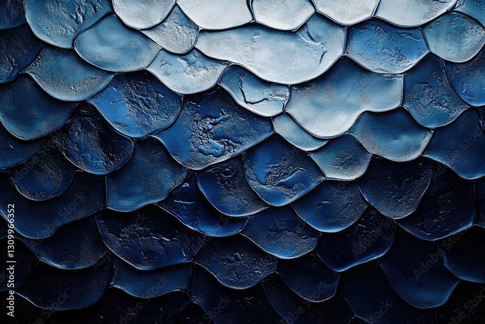Poster abstract textured art with a deep blue color palette, resembling scales or overlapping shapes.