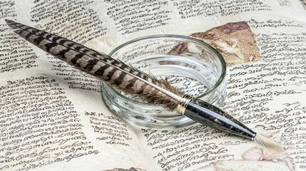 Antique feather quill pen in glass dish on ancient book pages