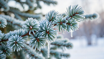 Frosted pine needles glisten in winter sunlight, seasonal beauty