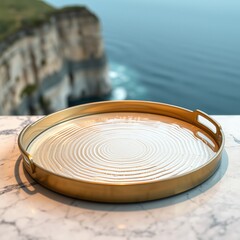 Obraz premium Minimalist Tray, Gold Accents, Marble & Cliff Scene