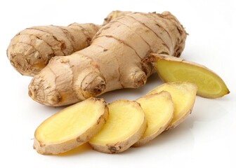 Fototapeta premium Fresh ginger root or rhizome isolated on white background cutout, healthy herbal eating plant, china medicine slices