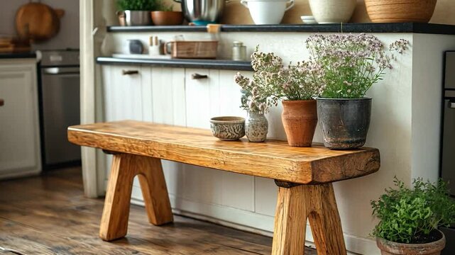 Rustic wooden bench in a bright kitchen with plants