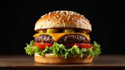 Front view tasty meat burger with cheese and salad on dark background