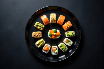 Overhead shot of various colorful vegan sushi rolls arranged in a circle on a black plate against a cut out background.