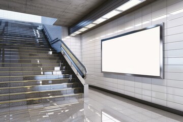 Fototapeta premium Empty subway wall billboard next to wide stairwell in modern underground station