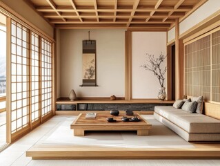 A minimalistic zen style living room with traditional details