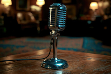 Vintage microphone on wooden table in a dimly lit room, evoking classic radio or recording studio ambiance.