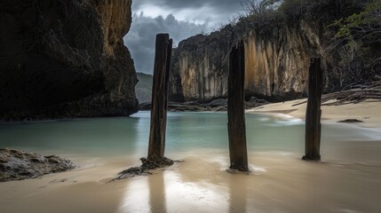 Coastal view, weathered pilings, tranquil beach, dramatic sky