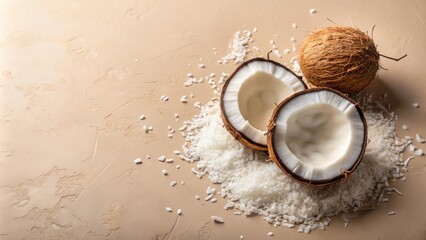 A tropical delight of fresh coconut halves and shredded coconut on a light brown textured background.