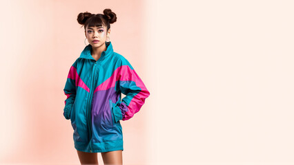 Young girl with bright face makeup on pink background. Girl dressed in a vintage sports windbreaker