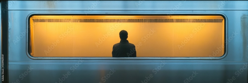 Poster solitary figure sitting quietly on empty subway car during dim evening hours surrounded by a warm gl