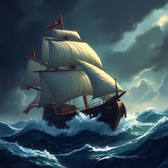 Sailing into the Storm: A grand sailing ship, navigating through turbulent ocean waves under a dramatic sky, embodies adventure and the power of nature, and evoking a sense of the romantic past.