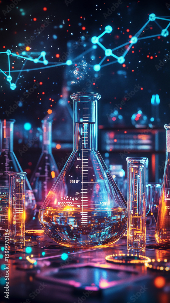 Poster close-up of glass laboratory flask and tubes, filled with glowing liquid, against a dark background 