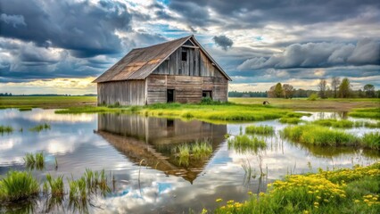 Obraz premium A weathered wooden barn stands alone in a flooded field, its reflection mirroring the cloudy sky above, creating a sense of peace and solitude.