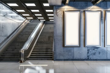 Blank billboard Thin white frames mockup on wall beside stairs in subway station