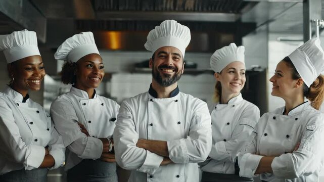 A diverse team of chefs stands together in a professional kitchen, showcasing teamwork, expertise, and the culinary industry.