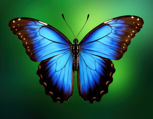 Obraz premium Blue Morpho Butterfly with Wings Spread on Green Background