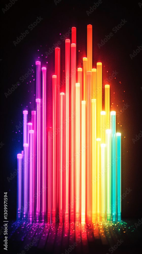 Poster rainbow-colored vertical glowing bars on dark background, creating vibrant, dynamic visual effect, s