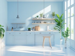A modern kitchen interior with blue walls and abundant natural light