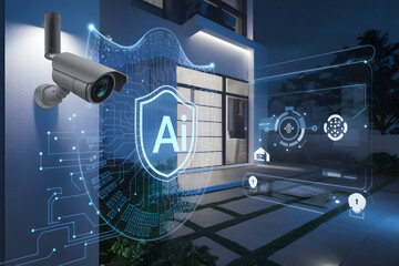Urban home security system with a surveillance camera. A hologram depicting how secure a home is with the help of AI