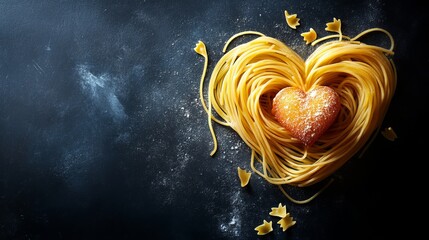 Heart-shaped spaghetti pasta nest on black background symbolizing love for italian cuisine, featuring abstract composition with golden noodles and romantic food concept for diet, dining, and culinary 
