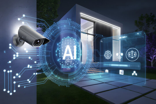 Urban home security system with a surveillance camera. A hologram depicting how secure a home is with the help of AI - Powered by Adobe