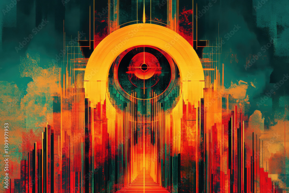 Poster abstract digital art depicting a futuristic cityscape with a large circular structure at its center,
