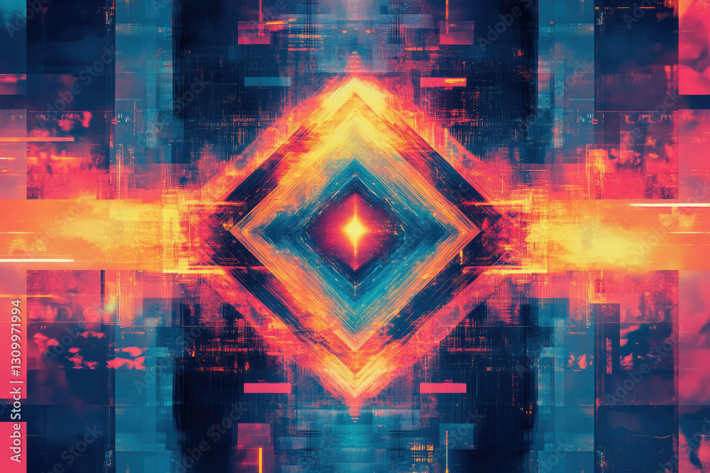 Poster abstract digital art with vibrant colors and geometric shapes creating a symmetrical, glowing centra