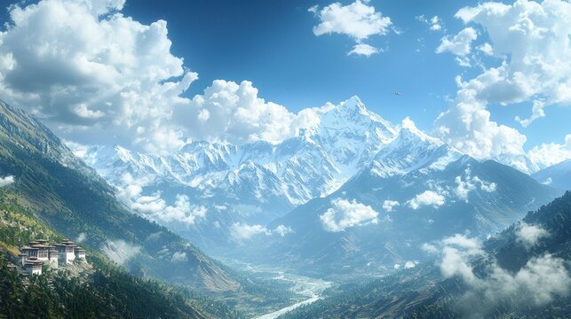 Himalayan mountain range, valley, monastery, sunny day, scenic vista