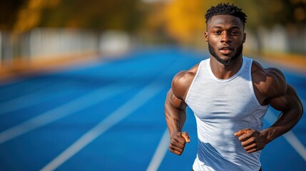 Fototapeta premium Athlete sprints on track, autumn background