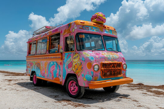 A vibrant, whimsical ice cream truck parked on a pristine beach under a sunny sky.