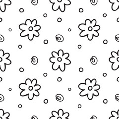 Doodle flower line hand drawn cartoon with line seamless pattern background for wrapping, nature and illustration