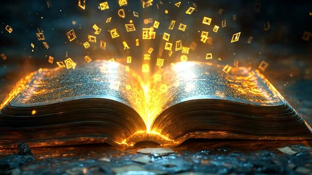 Fiery, glowing open book with magic symbols