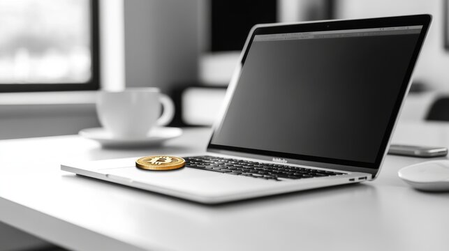 A small golden Bitcoin coin placed on a laptop keyboard beside a coffee cup and saucer, in a minimalistic workspace setting