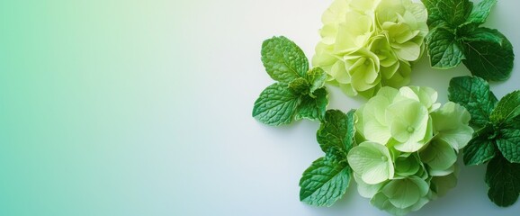 Fresh mint green flowers side-placed on a gradient white backdrop