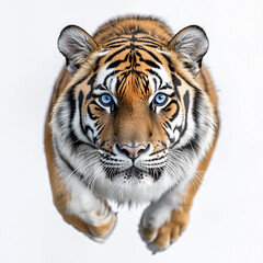 Fototapeta premium Majestic Standing Tiger with Blue Eyes Isolated on White Background 