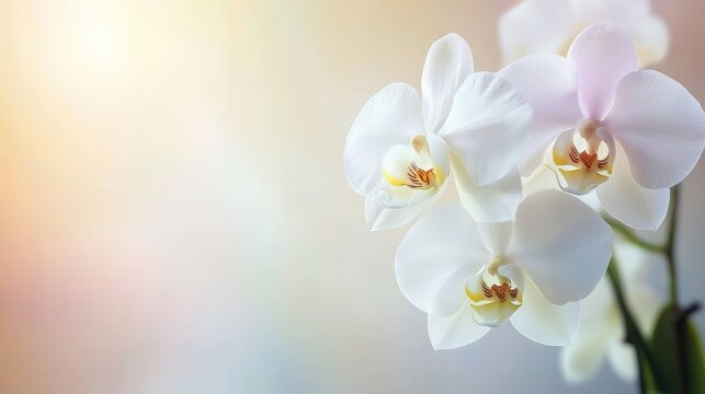 Fresh white orchids on the side against a soft gradient white