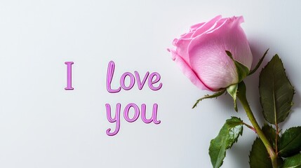 "I love you" written with a pink rose flower on the side against a white background