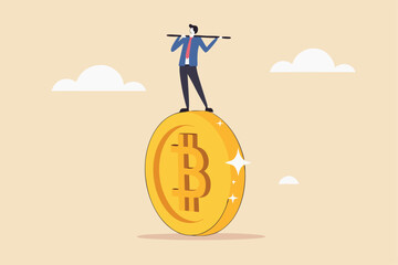 Bitcoin and crypto investment risk, balance between risk and return, cryptocurrency challenge to overcome volatility and make profit concept, businessman investor balancing as acrobat on giant bitcoin